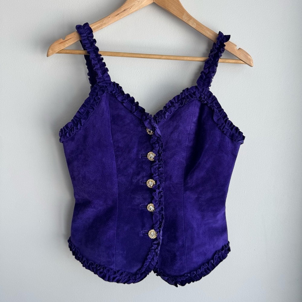 Vintage Danier Purple Suede Corset Top Sz Small Bustier Ruffle Trim Leather Sexy - Picture 10 of 16